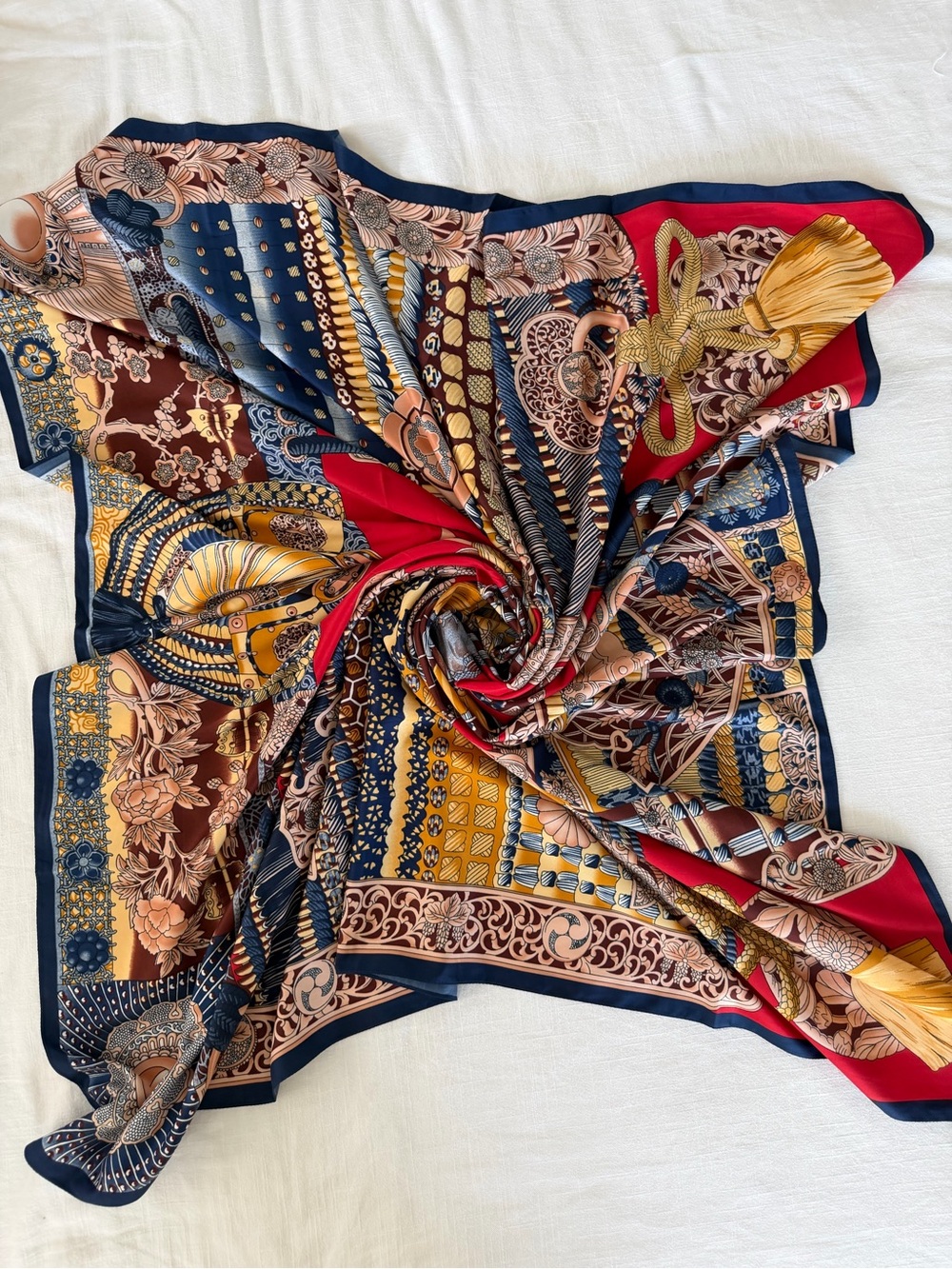 Silk-Feel Navy & Red Printed Square Scarf